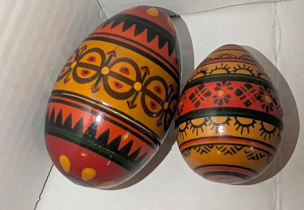Authentic Vintage Ukrainian USSR Wooden Nesting Egg & Egg Hand painted 2 Eggs